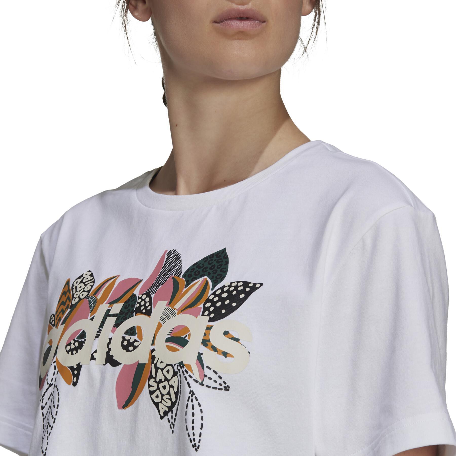 T-shirt mulher adidas X Farrio Print Boyfriend Cropped algodão Logo